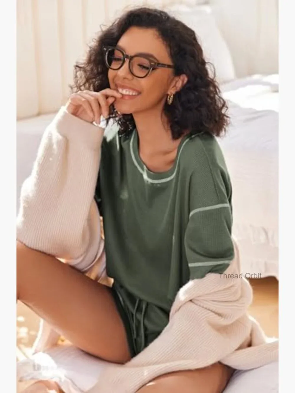 Waffle Knit Two Piece Lounge Set, Soft Matching Outfits with Pockets